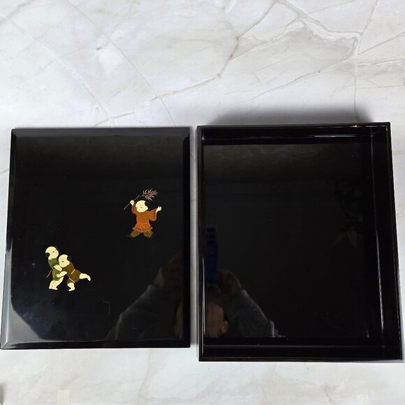 Japanese Lacquered Ryoshibako (Document) Box Children Playing Black Vintage - Picture 4 of 9